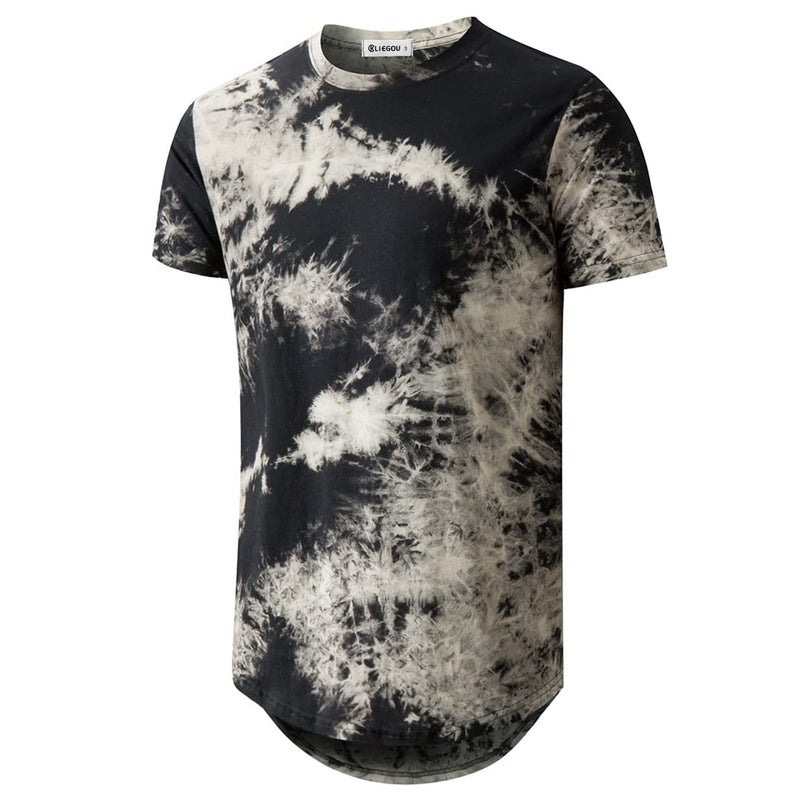 KLIEGOU Mens Hip Hop Tie-Dyed Hipster Curve Hem T Shirt(1803ZR Black XL) - Image 1